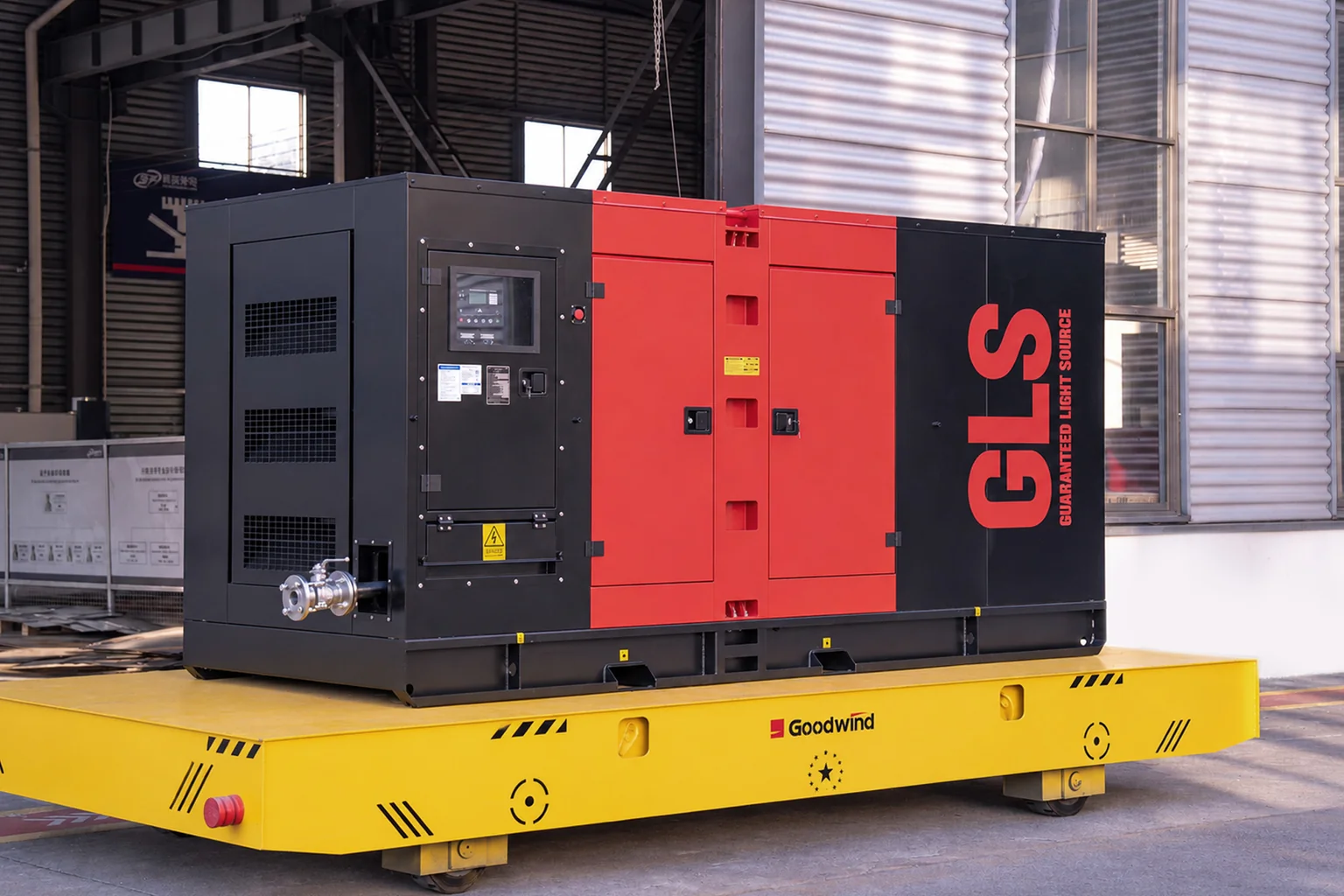 Complete red and black gas generator on a yellow GOODWIND platform at the factory