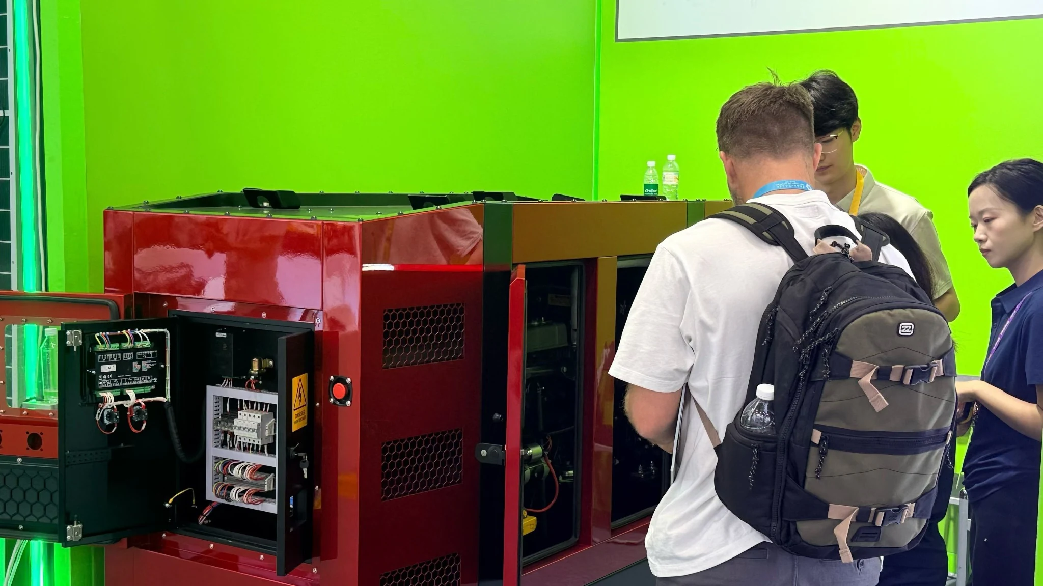 Open control cabinet and internal wiring of a GOODWIND generator set at the Canton Fair