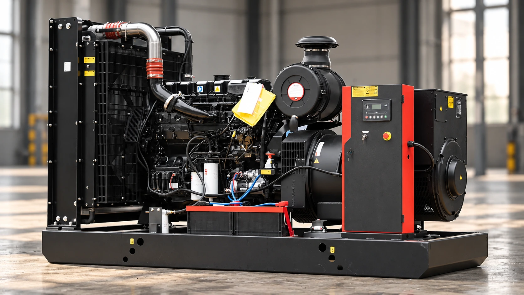 Open-type diesel generator with radiator, engine, alternator and control cabinet