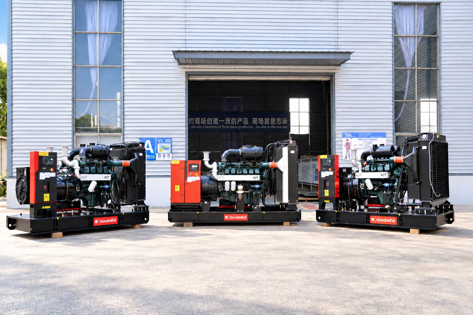 Three GOODWIND open-type diesel generator sets in front of a workshop building