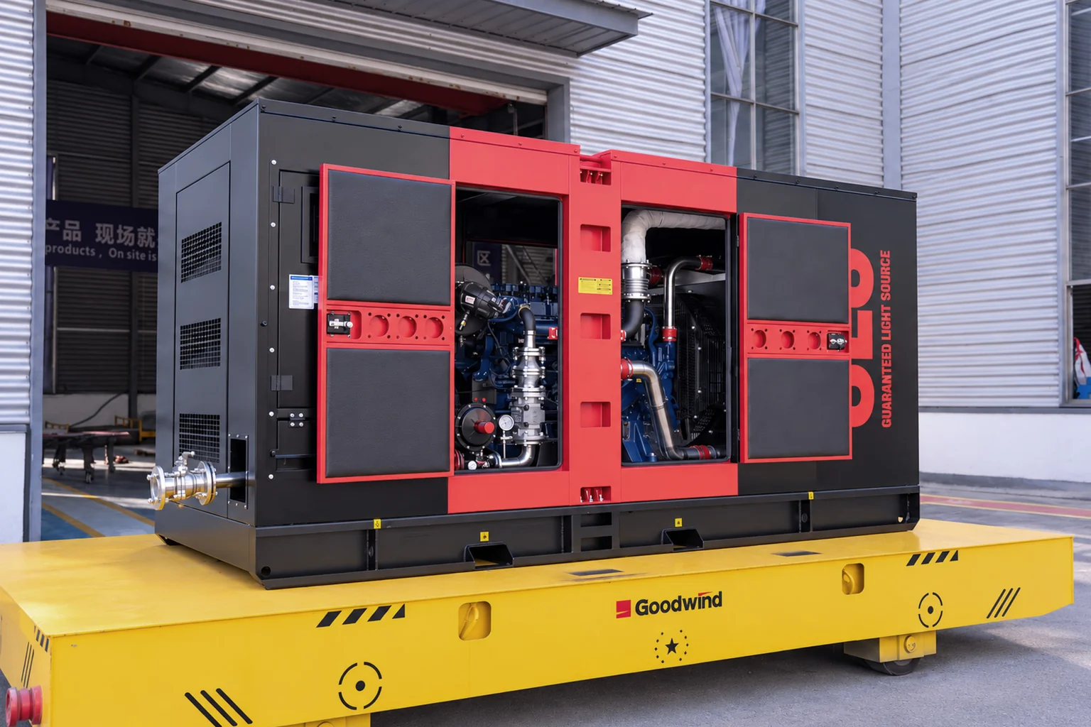 Angled view of the gas generator with side doors open and internal components visible inside the sound-attenuated canopy