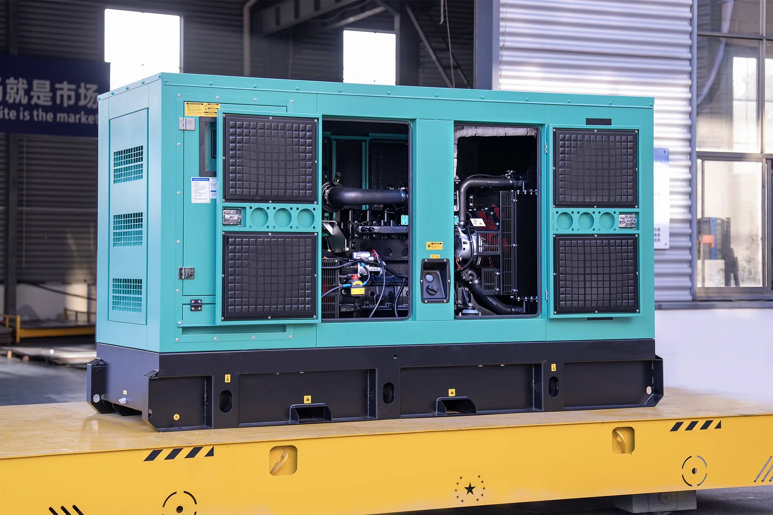 Green generator canopy with its side maintenance doors open