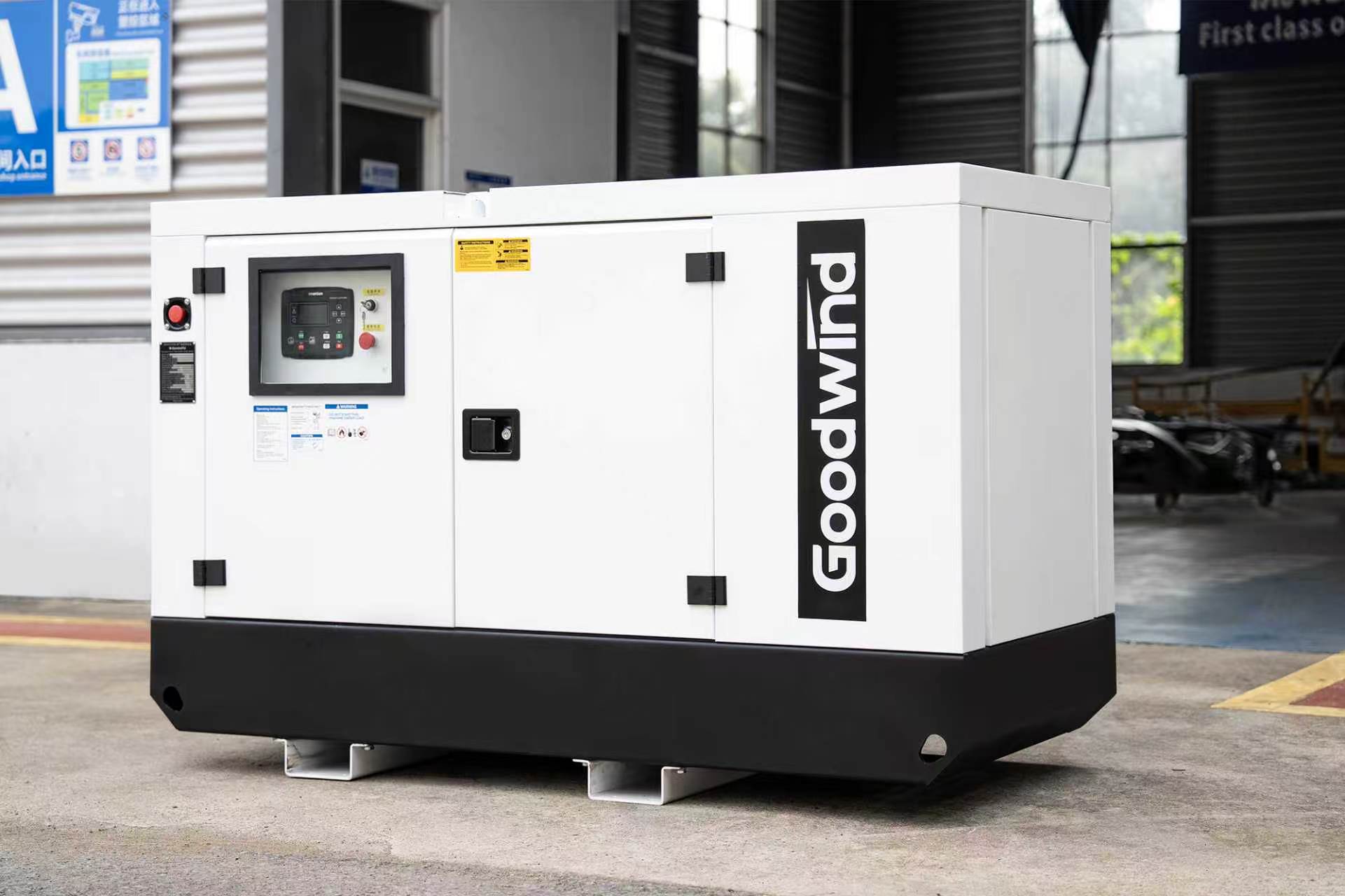 Grupo electrógeno GOODWIND blanco con cabina — aspecto de referencia