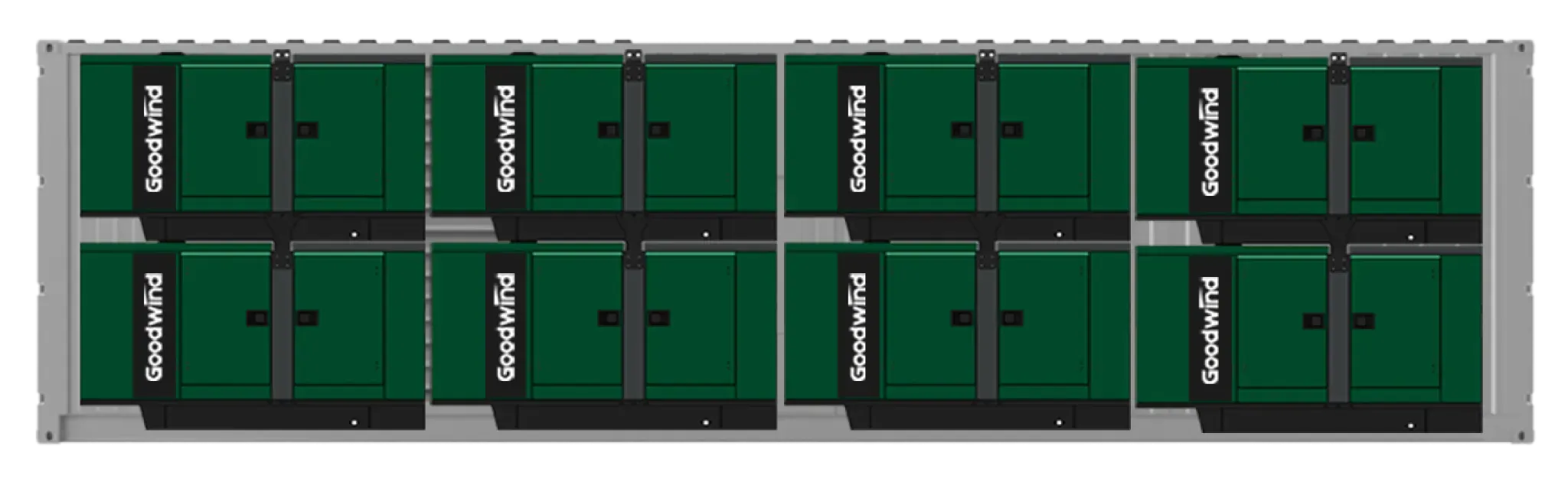 Front view of eight Goodwind silent generator sets integrated in a containerized generator system
