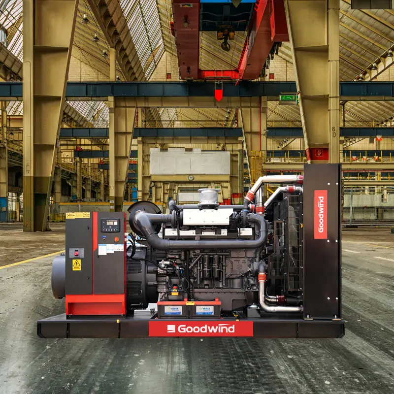 Goodwind diesel generator set displayed in an industrial factory workshop