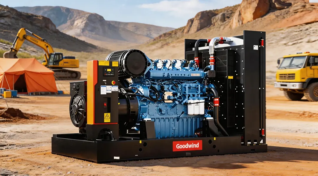 Grupo electrógeno Goodwind en obra con retroexcavadora y camión
