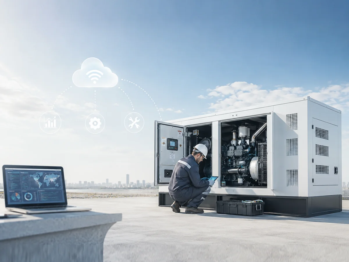Kỹ thuật viên máy phát điện Goodwind đang thực hiện giám sát và bảo trì từ xa trên bộ máy phát điện diesel hở