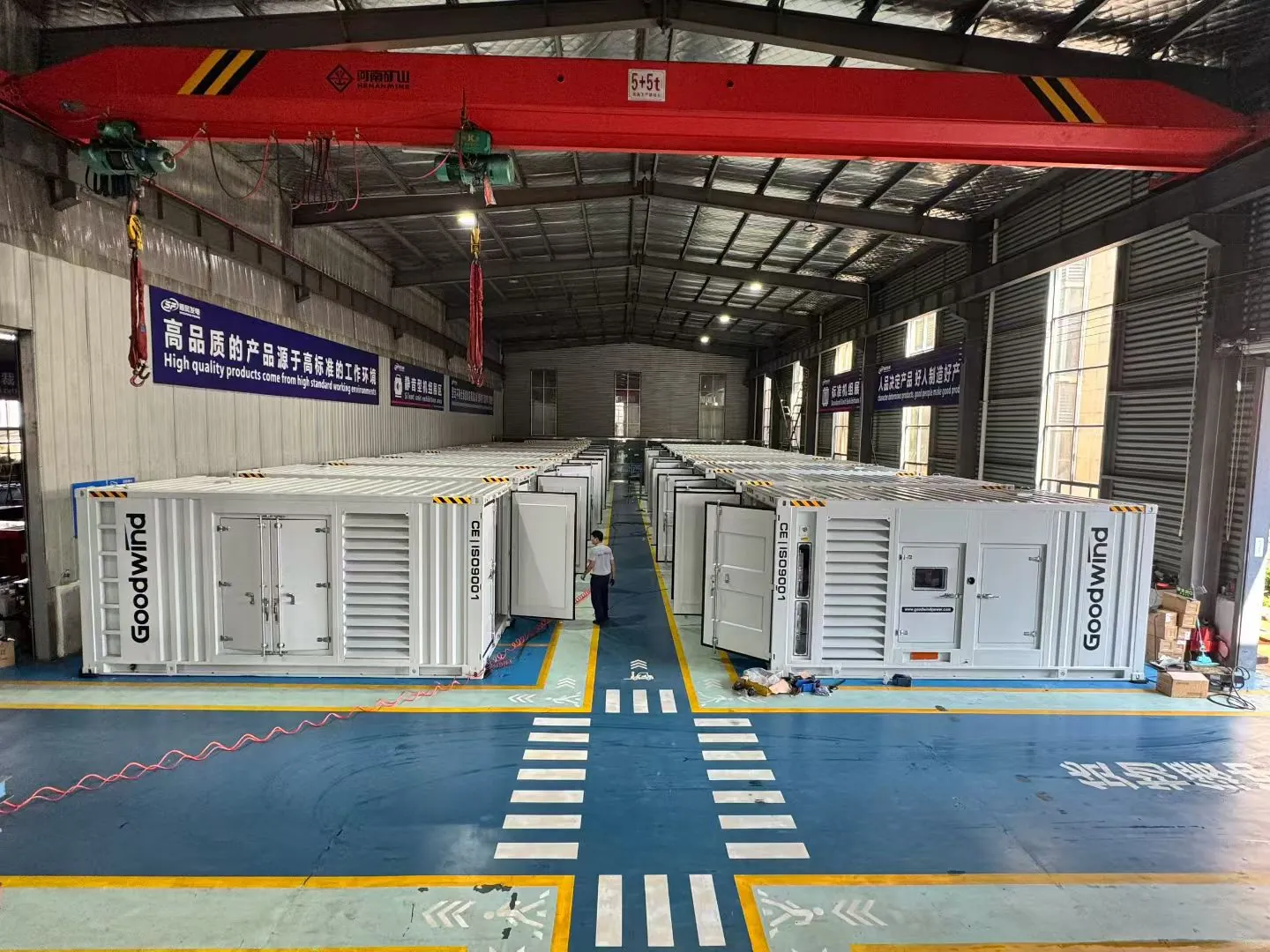 Finished GOODWIND containerized generator sets arranged in the production workshop