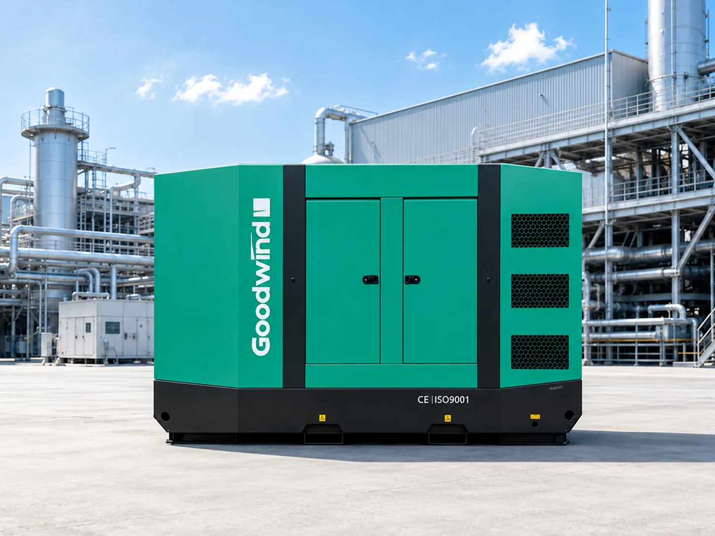 Green silent generator set installed at an industrial plant