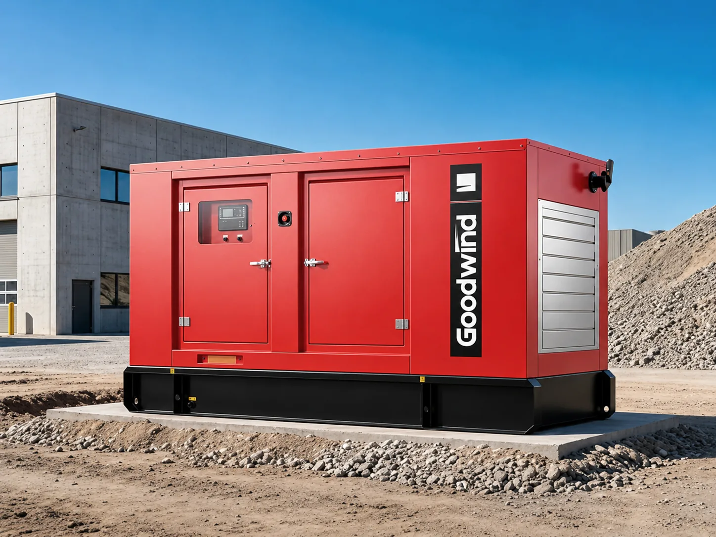 Red silent generator set installed at a construction site