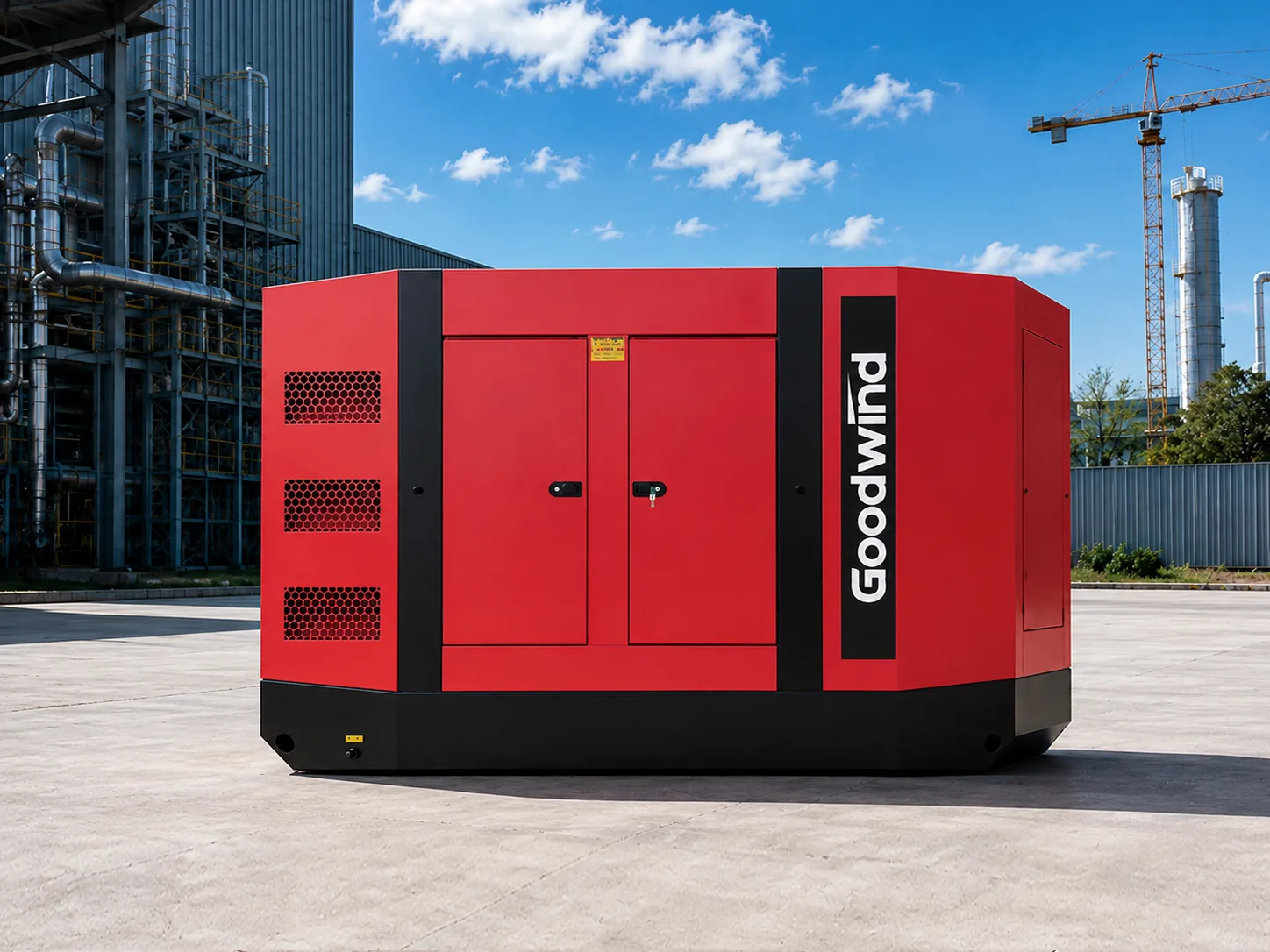 Red silent generator set installed at an industrial facility