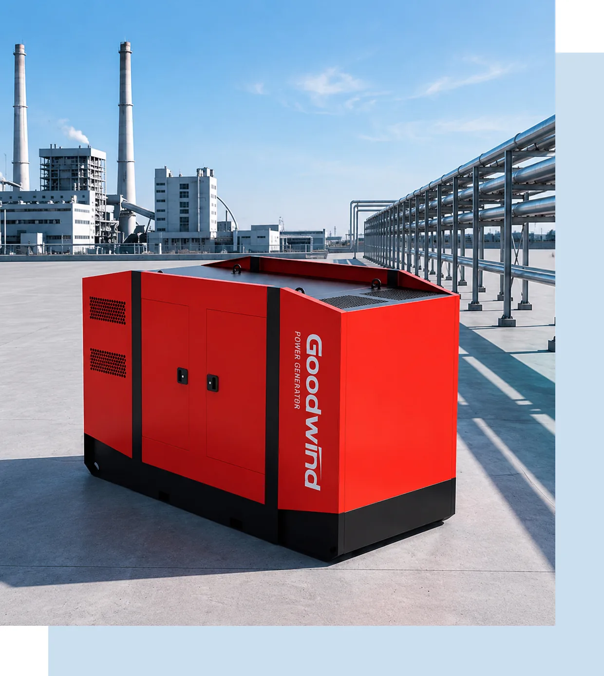 Red and black GOODWIND silent generator set at a power plant