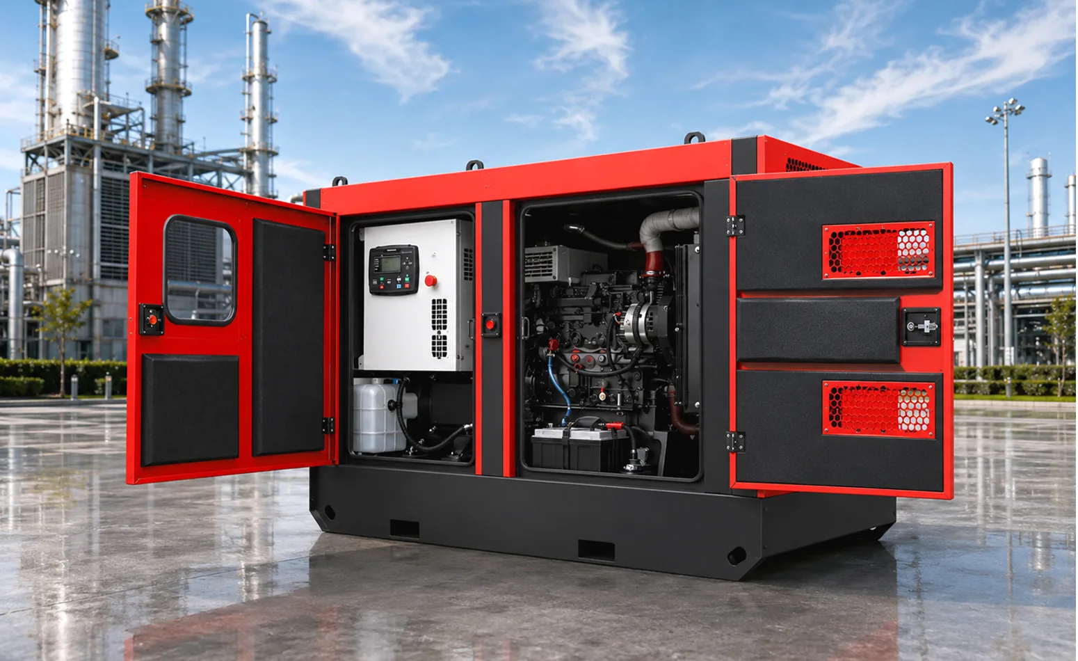 GOODWIND silent generator set with enclosure doors open for maintenance