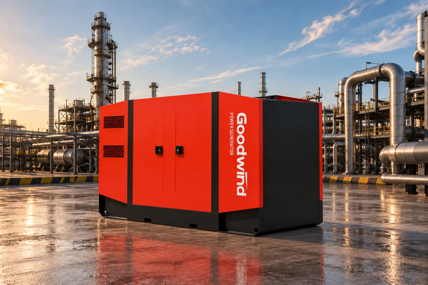 GOODWIND red silent generator set at a petrochemical plant
