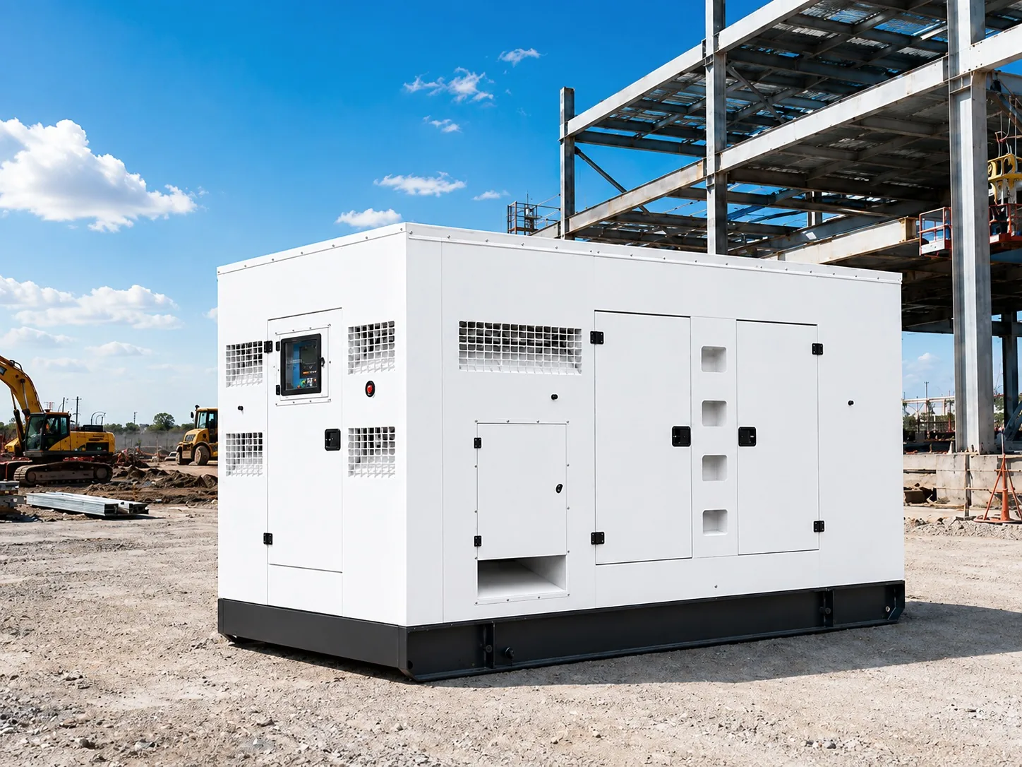 White generator set enclosure at a construction project