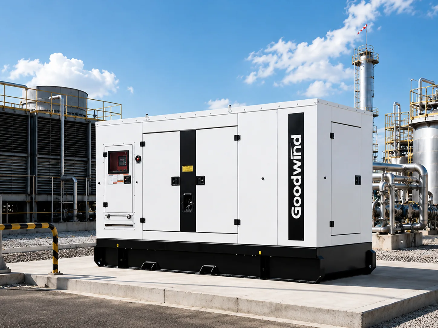 White silent generator set supplying an industrial power facility