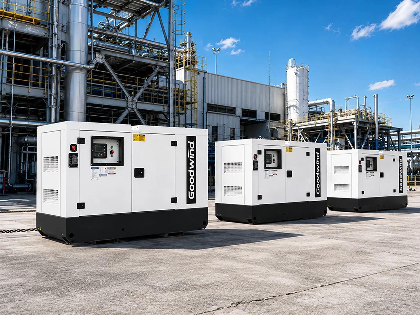 White silent generator sets installed at an industrial facility